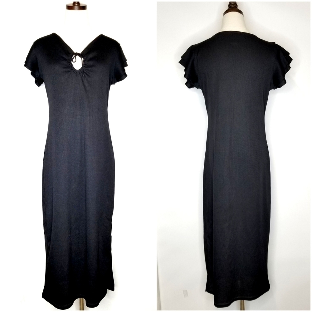 NYC Active Black Keyhole Neck Flutter Sleeves Ribbed Casual Maxi Dress, M